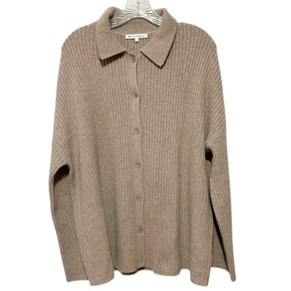 Reformation Large Oversized Fantino Cashmere Beige Collared Cardigan EUC - Picture 2 of 6